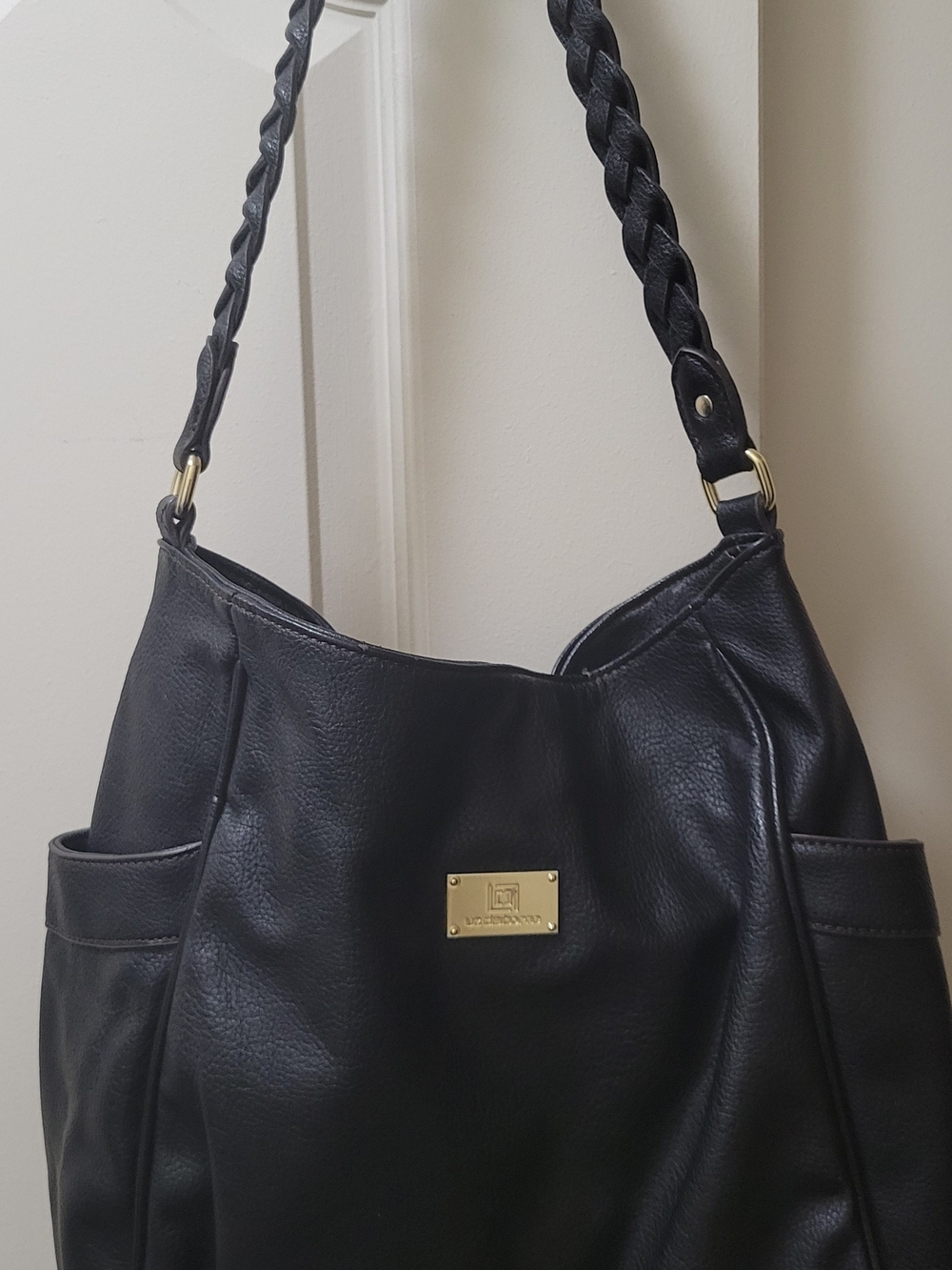 lorenzo Black Braided-Handle Shoulder Bag with Gold Plate